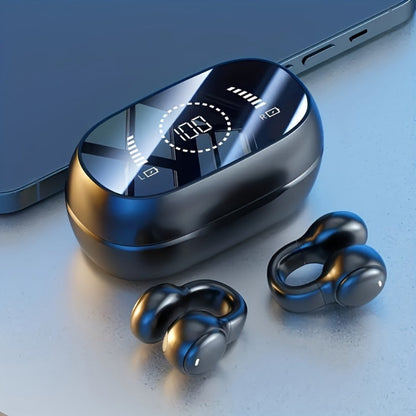 Open-Ear Clip Earbuds with Digital-Display Charging Case in Black or Beige Checkout Options