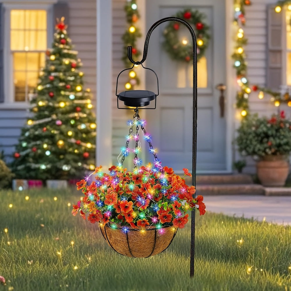 Solar Hanging Flower Basket with RGB String Lights, 10 Inch Artificial Flowers, Dusk-to-Dawn Auto On