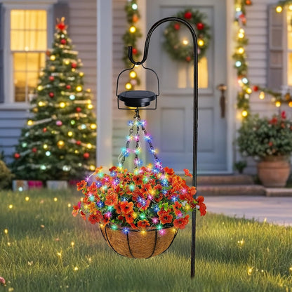 Solar Hanging Flower Basket with RGB String Lights, 10 Inch Artificial Flowers, Dusk-to-Dawn Auto On