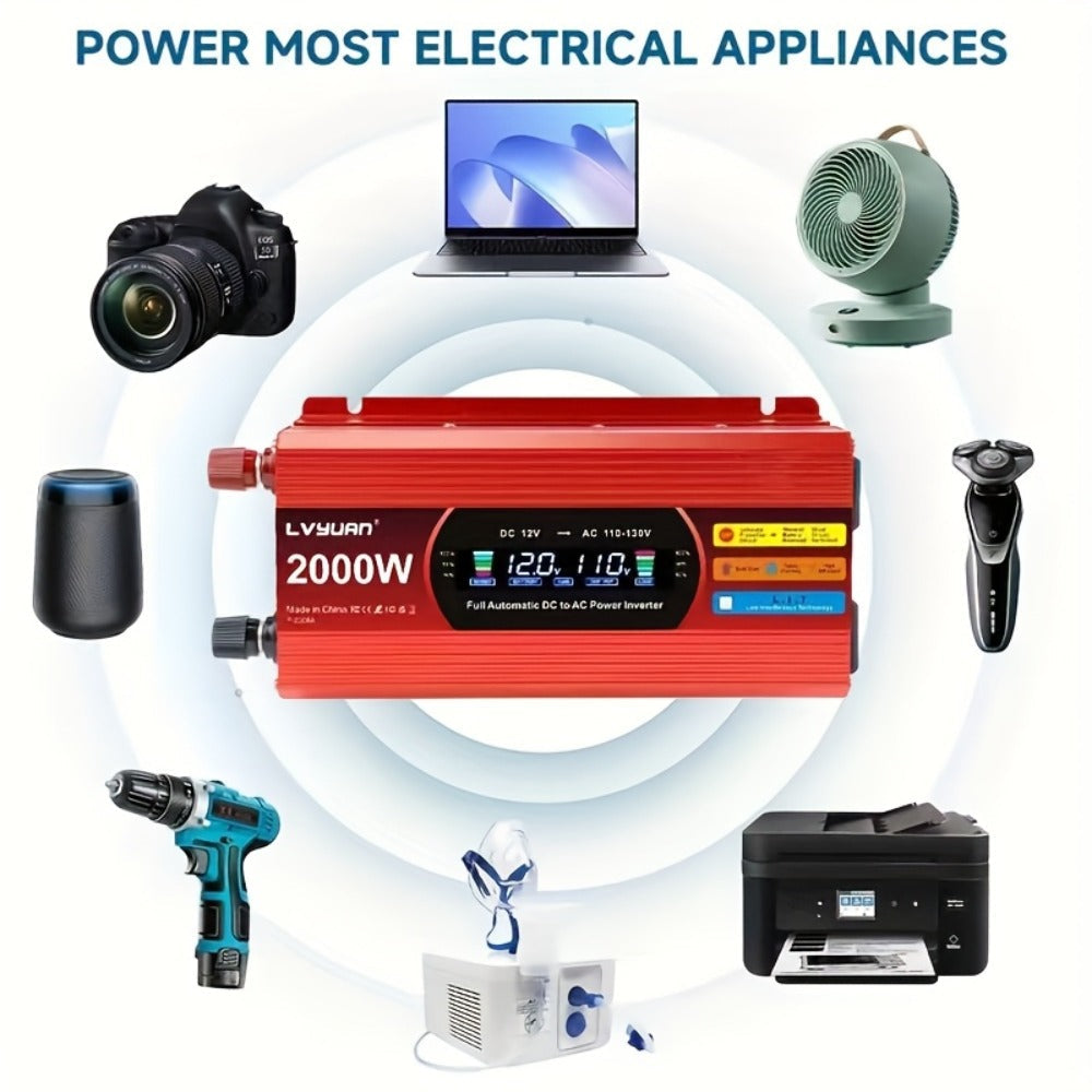 Multi-Format Car Power Inverter with 200W, 1000W or 3000W Labels in Red and Black Options for Vehicles
