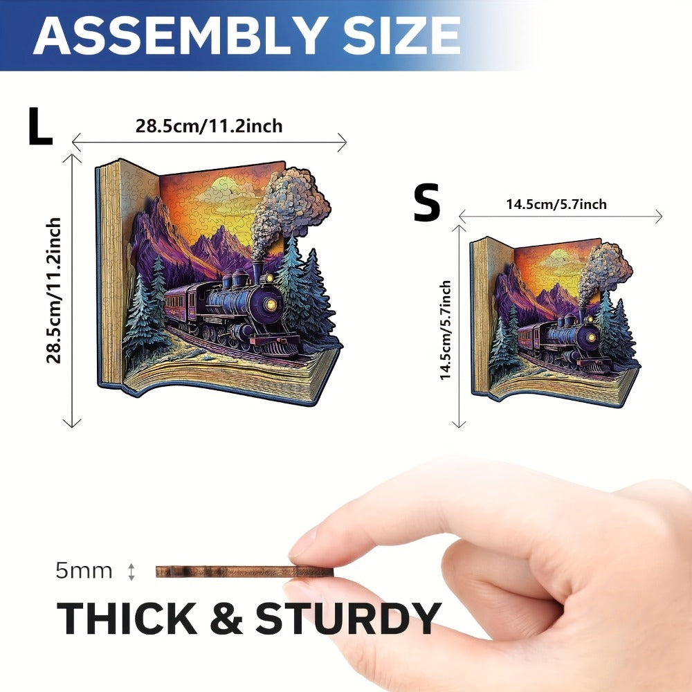 Galloping Train Wooden Jigsaw Puzzle with Book-Style Scene and 5.7 or 11.2 Inch Size Options