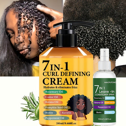 Rosemary Hair Growth Styling Cream & Leave-In Conditioner Spray Set 2pcs - 7-in-1 Formula with Castor