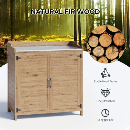 Potting Bench with Storage Cabinet, Outdoor Waterproof Wood Garden Shed Table with Removable Shelves & Doors