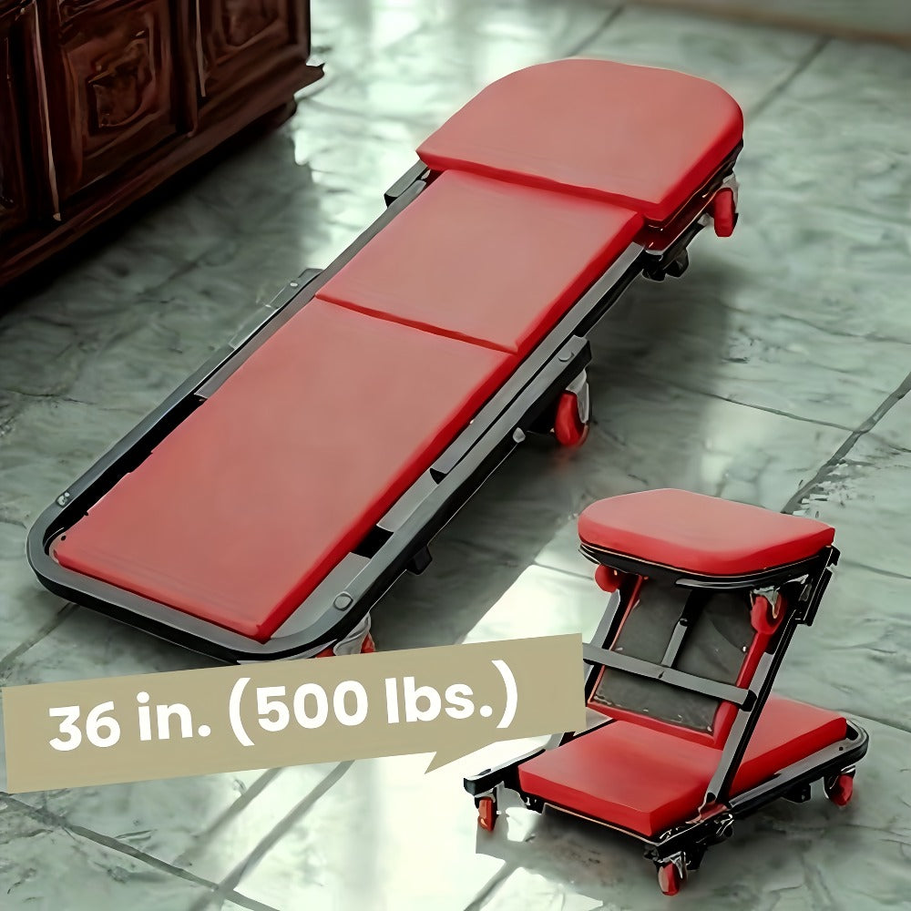 Mechanic Creeper Seat 3-in-1 Heavy Duty 36" – Folding Crawler with Adjustable Z-Seat, 6 Lockable Casters, 350–650 lb Capacity for Auto