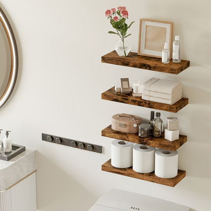 Floating Wall Shelves Set of 4, Retro Style Wall Mounted Shelves with Invisible Brackets for Bathroom Living Room Bedroom Kitchen