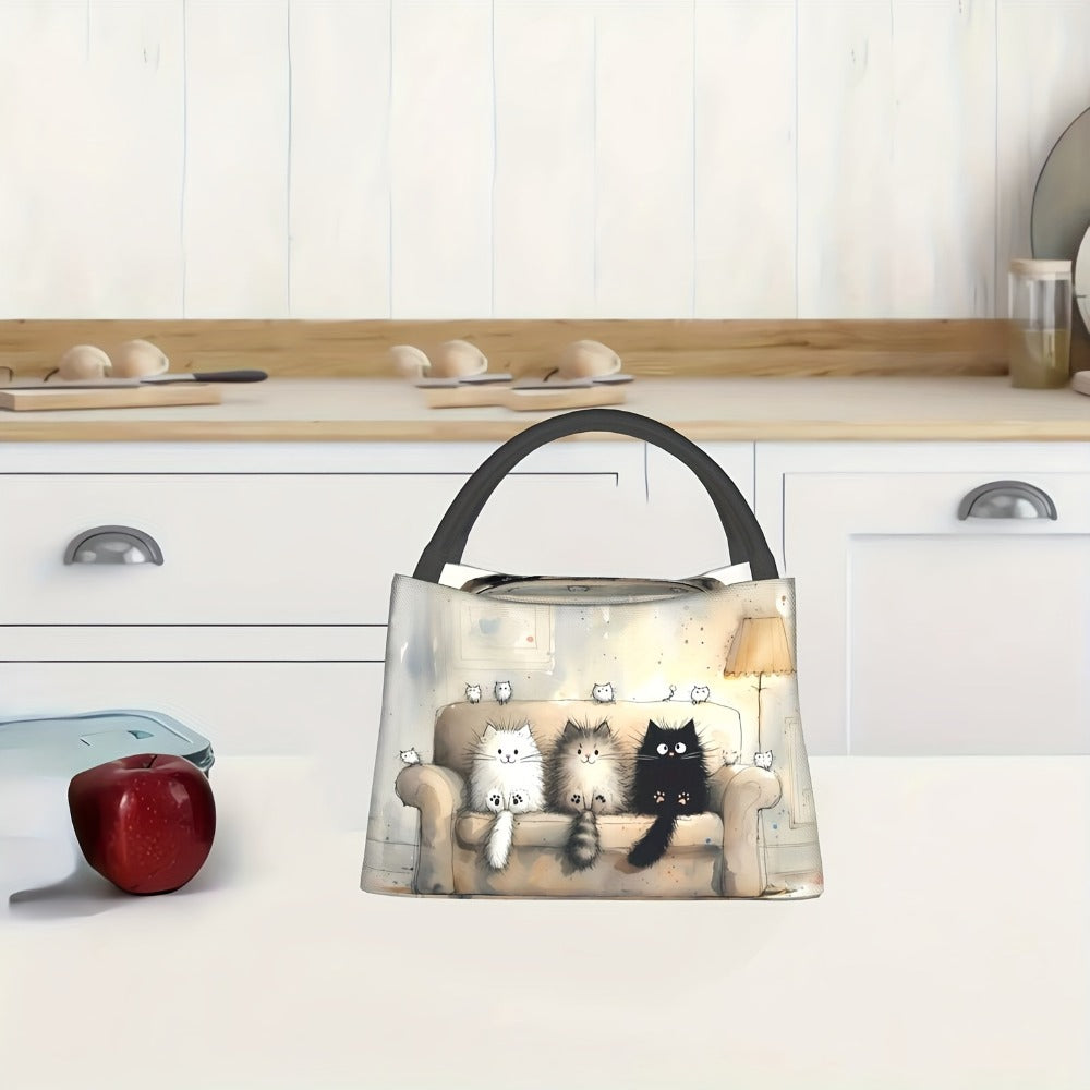 Cat Print Lunch Bag Tote, 11 x 6.3 x 6.7 Inches with Top Zipper, Dual Carry Handles and Tapered Profile