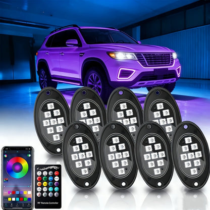 RGB LED Rock Lights Kit for Trucks & Off-Road – App & Remote Control, Music Mode, Underglow Neon Lights for SUV, ATV, UTV
