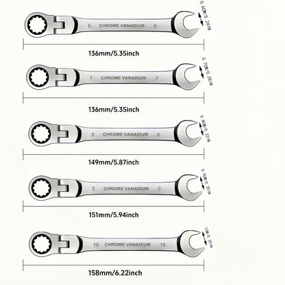 CR-V Flex Head Ratchet Wrench Set 5-Piece – 2-in-1 Reversible Open End & Hex Socket Dual-Purpose Kit | Automotive Engine Bay, Plumbing
