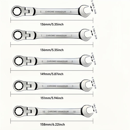 CR-V Flex Head Ratchet Wrench Set 5-Piece – 2-in-1 Reversible Open End & Hex Socket Dual-Purpose Kit | Automotive Engine Bay, Plumbing