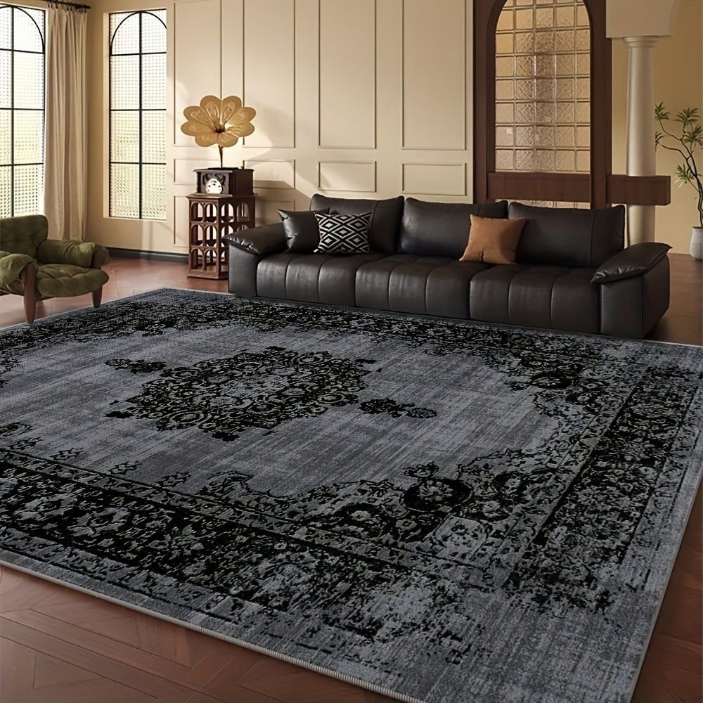 Area Rug Velvet Bohemian Floral Geometric Low-Pile Design in Six Machine-Washable Room Sizes