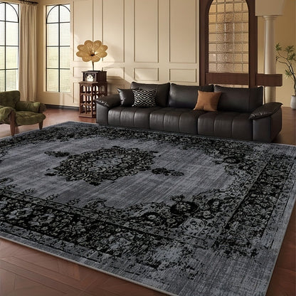 Area Rug Velvet Bohemian Floral Geometric Low-Pile Design in Six Machine-Washable Room Sizes