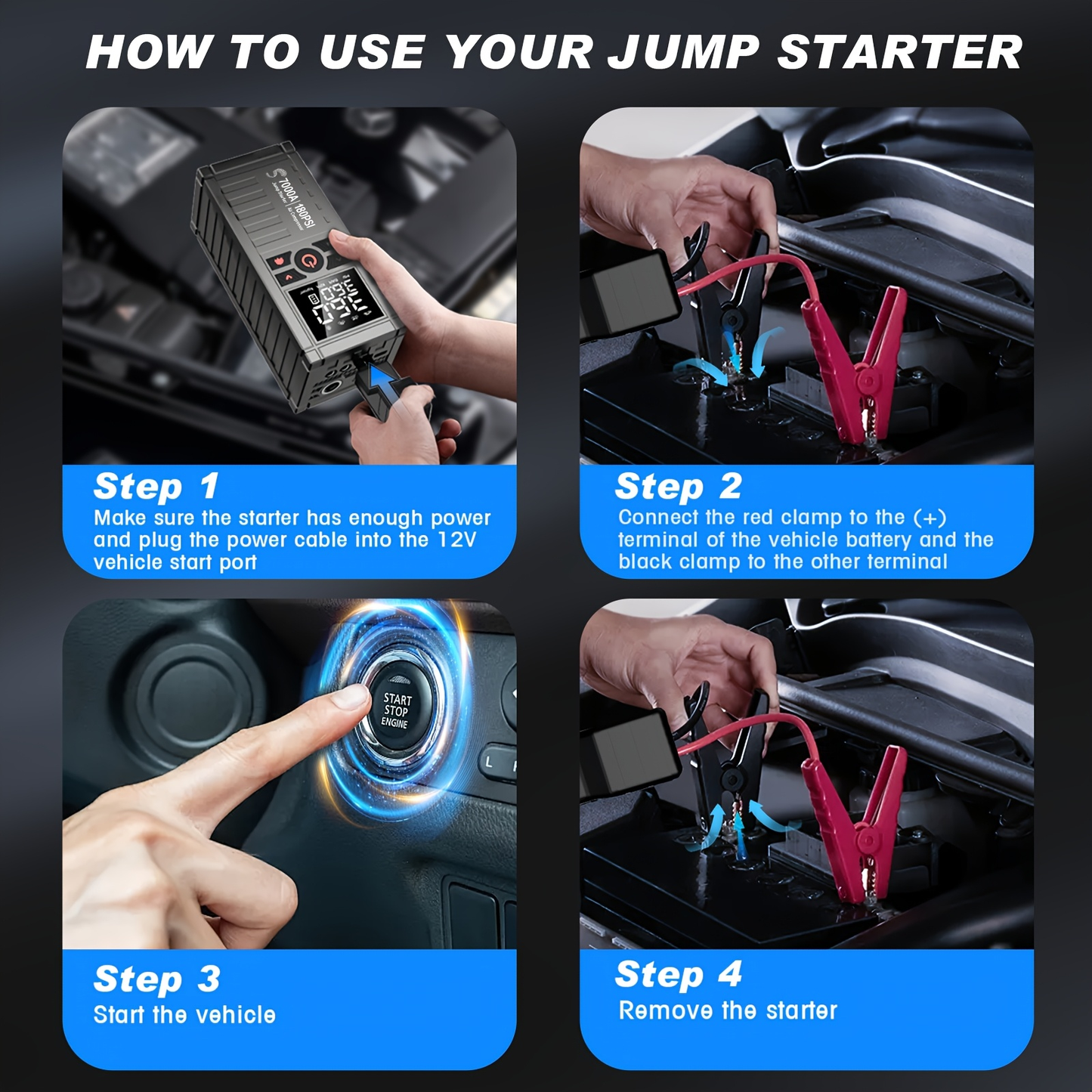 7000A Jump Starter 8-in-1 29800mAh with Air Compressor Tire Inflator SOS LED Flashlight Power Bank for Garden, Patio and Yard Use