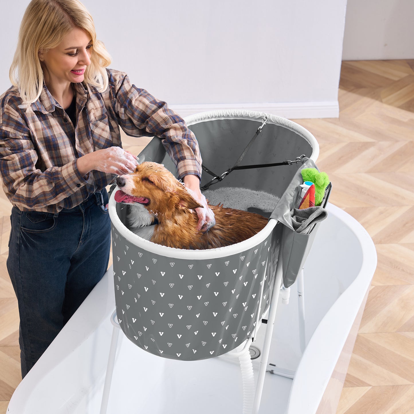 Elevated Foldable Pet Bathtub – Stand-Up Dog Grooming Tub with Carbon Steel Legs, 220 lbs Capacity & Expandable Drain Hose | 33"x18" PVC Tub