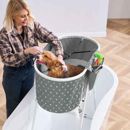 Elevated Foldable Pet Bathtub – Stand-Up Dog Grooming Tub with Carbon Steel Legs, 220 lbs Capacity & Expandable Drain Hose | 33"x18" PVC Tub