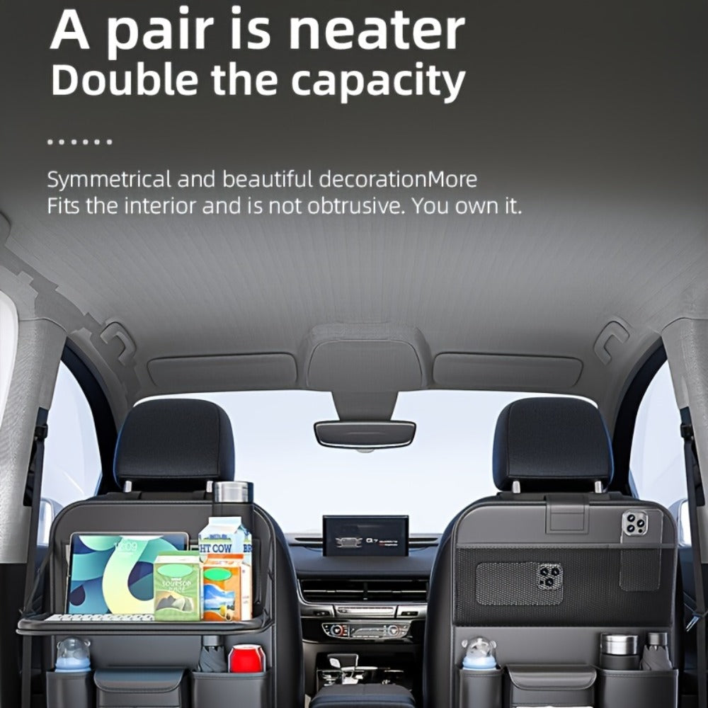 Seatback Car Organizer with Fold-Down Tray, Cup Recesses, Tissue Opening and One- or Two-Piece Packs