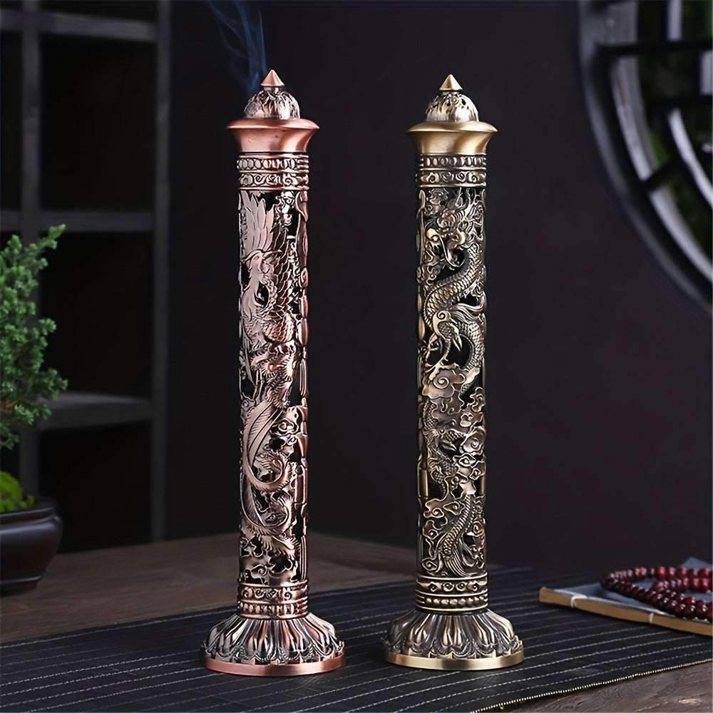 Incense Stick Holder Metal Retro Vertical Design, Dragon & Phoenix Heart Sutra Motif Brass Incense Burner Stand