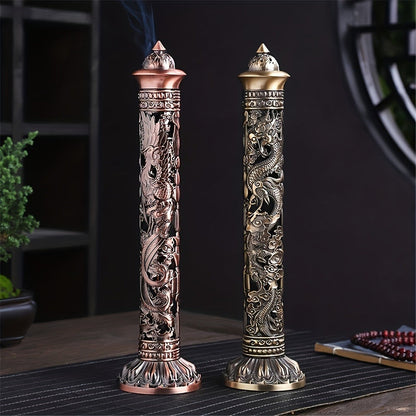 Incense Stick Holder Metal Retro Vertical Design, Dragon & Phoenix Heart Sutra Motif Brass Incense Burner Stand