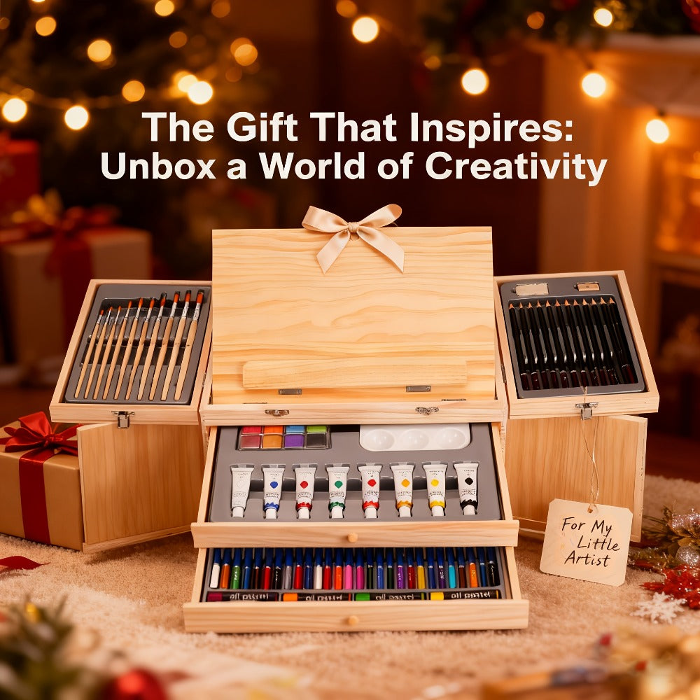 85-Piece Mixed-Media Art Set with Wooden Tabletop Easel, Paints, Pencils, Brushes and Paper Pads