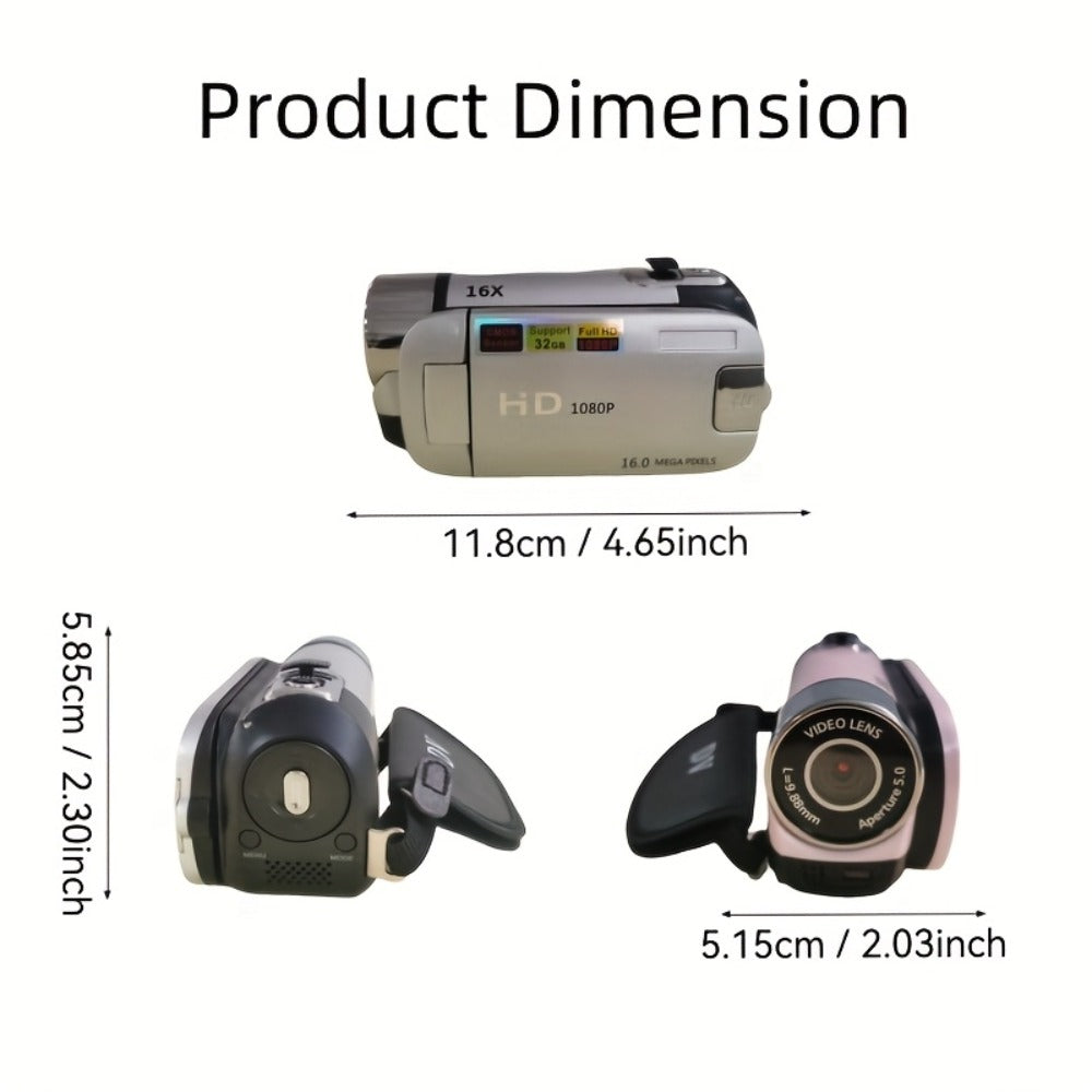 Portable 1080P Digital Camcorder with Rotating Screen & 32G Memory Card, Rechargeable Battery, Selfie Support