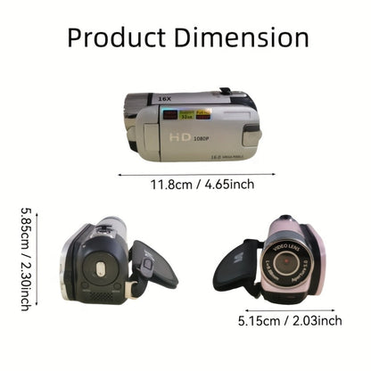 Portable 1080P Digital Camcorder with Rotating Screen & 32G Memory Card, Rechargeable Battery, Selfie Support