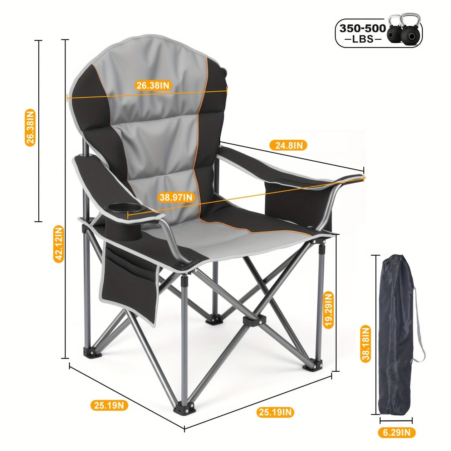 Heavy Duty Folding Camping Chair 600 Lbs Capacity – Padded Seat, Insulated Cooler Bag, Organizer Pockets & 2 Cup Holders for Camping, Beach