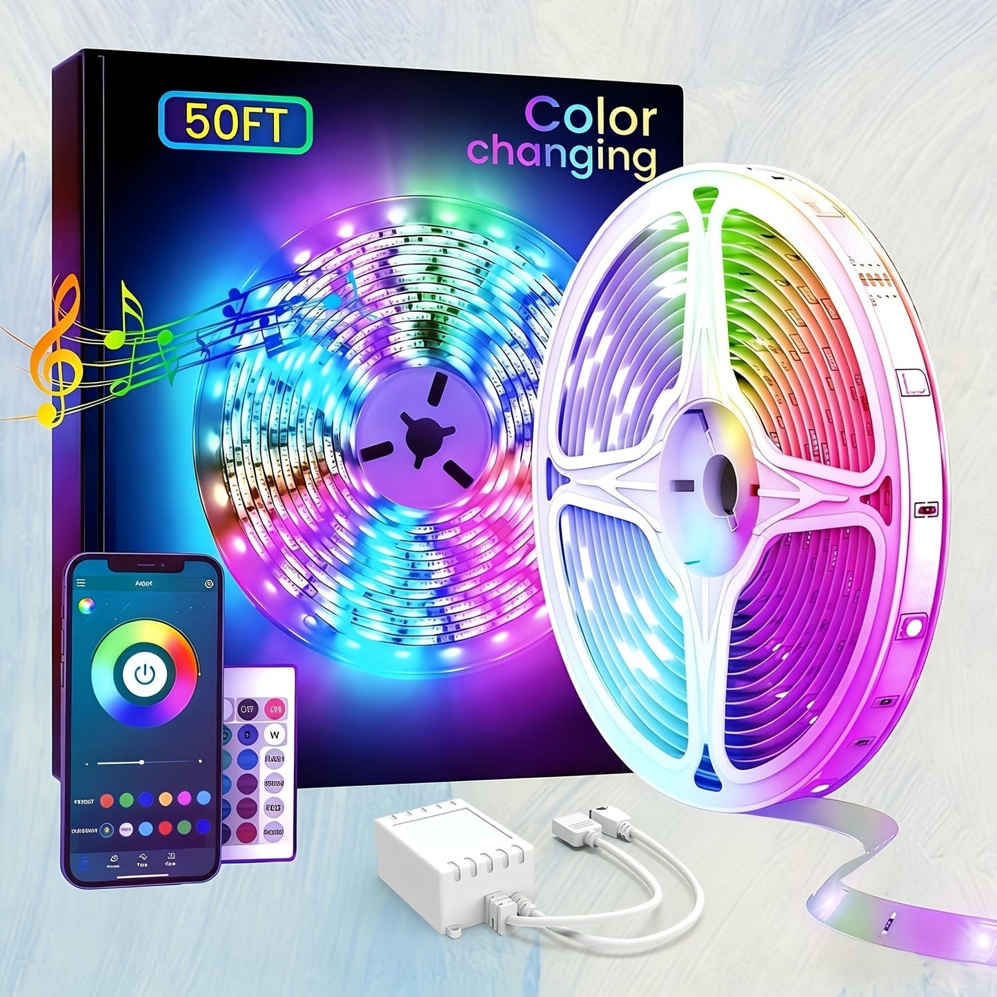RGB LED Light Strip 50ft 100ft 130ft 16 Million Colors Music Sync, App & 24-Key Remote Control, Color Changing LED Strips for Bedroom