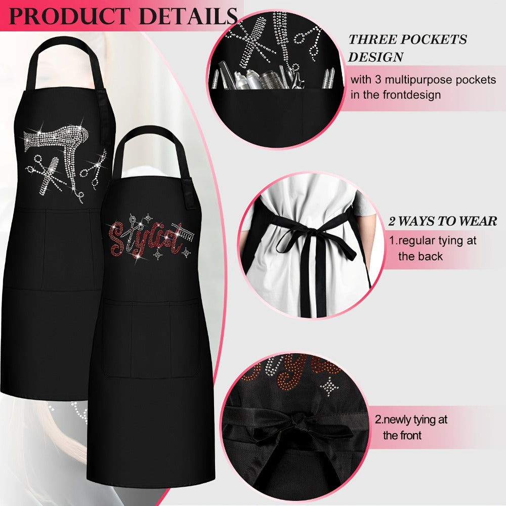 Rhinestone Barber Apron Set of 2 – Professional Hair Stylist Salon Smock 3 Pockets Hairdresser Apron Unisex Durable Barbershop Uniform