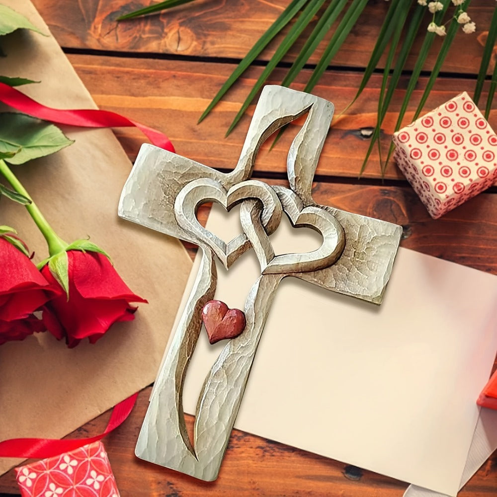 Cross Wall Decor Resin Handcrafted Hearts Intertwined Love Cross, Decorative Wall Cross for Living Room Bedroom Home Decor
