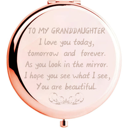 Rose-Gold Granddaughter Compact Mirror with Regular and Magnifying Views, Engraved Message and 2.9 x 2.6-Inch Case