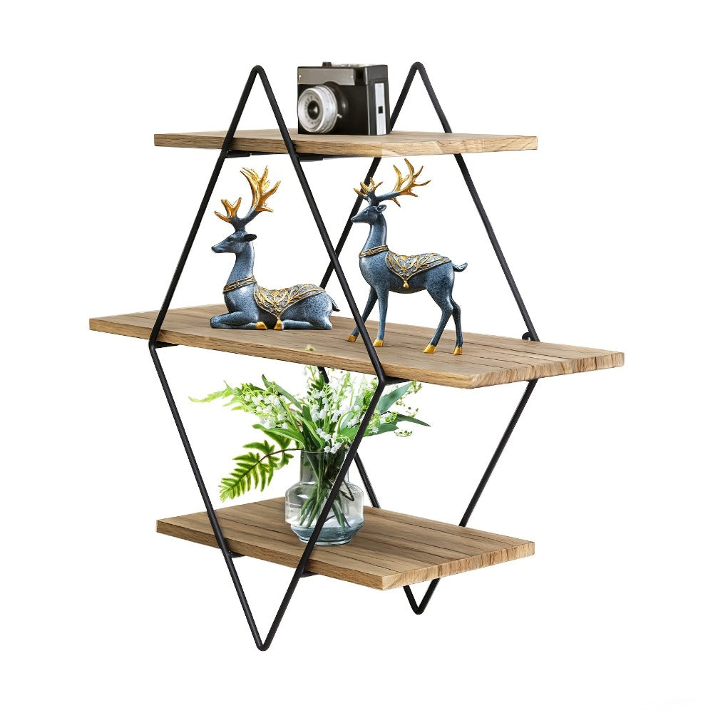 Three-Tier Diamond Wall Shelf with Dark Brown Boards, Black Wire Frame and 50 cm Pictured Height