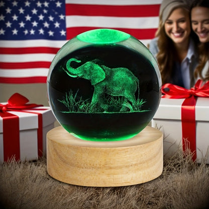 3D Elephant Crystal Ball LED Lamp USB Powered Colorful Night Light Wooden Base Elephant for Entryways, Bedrooms and Living Spaces