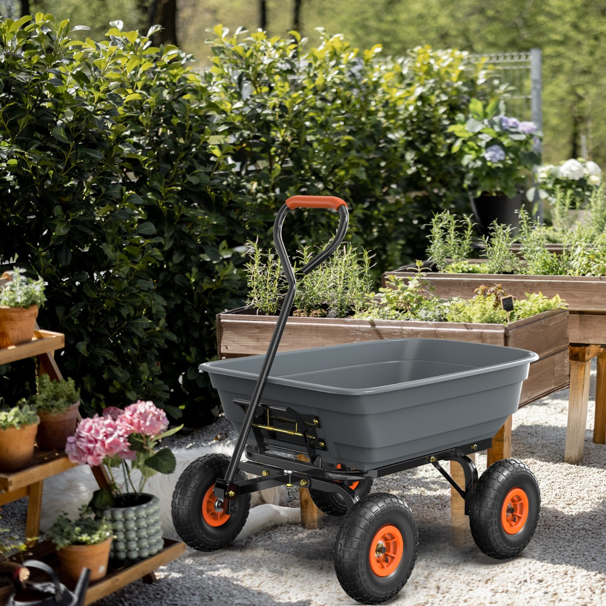 Garden Cart Dump Wagon, 4-Wheel Poly Cargo Cart with 2-in-1 Handle for Garden, Farm, Lawn and Yard Hauling