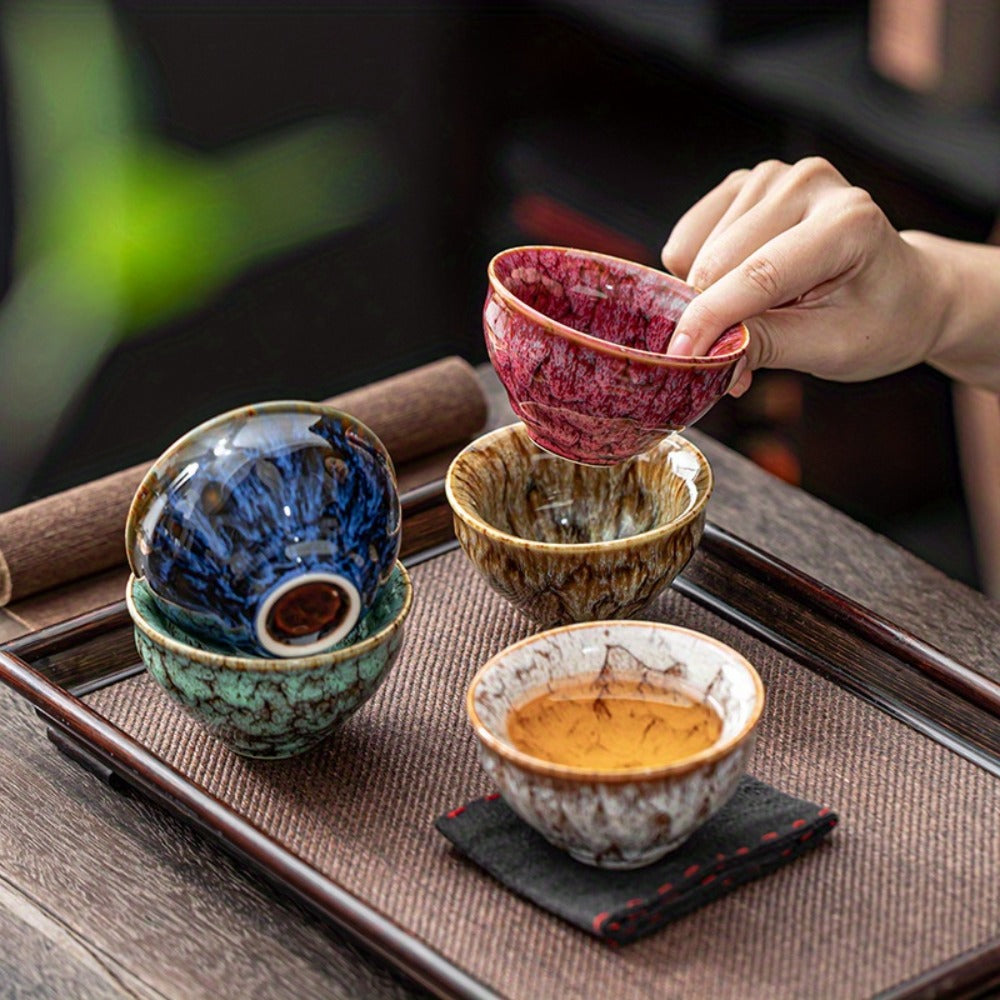Jianzhan Ceramic Tea Cups Set of 5, Handmade Kiln-Changed Glazed Kung Fu Teacups, Traditional Chinese Porcelain