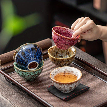 Jianzhan Ceramic Tea Cups Set of 5, Handmade Kiln-Changed Glazed Kung Fu Teacups, Traditional Chinese Porcelain