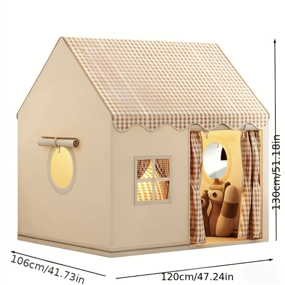 Brown Gingham Cabin Kids Play Tent with 130 x 120 x 106cm Frame, Three Windows and Storage Pouch