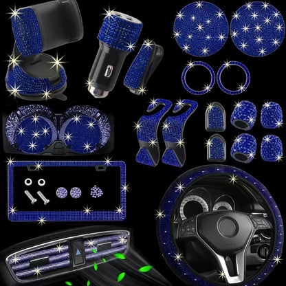 27pcs Bling Car Accessories Set for Women – Steering Wheel Cover 15", Car Coasters, License Plate Frame & Phone Holder