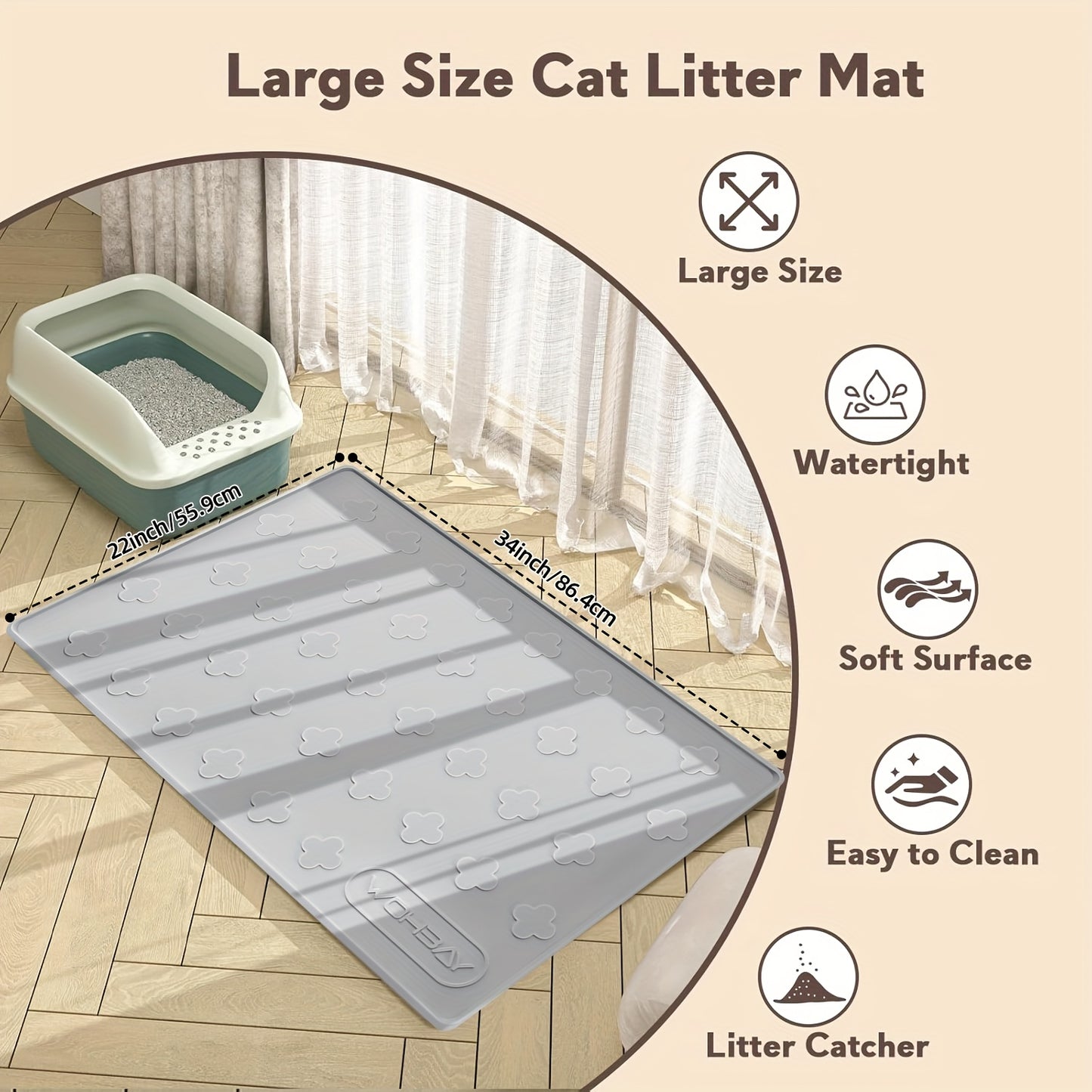 Cat Litter Mat XXL Silicone 34x22 Inch – 3-in-1 Waterproof Non-Slip Litter Trapping Mat with Raised Edges Easy Clean Foldable Pet Feeding
