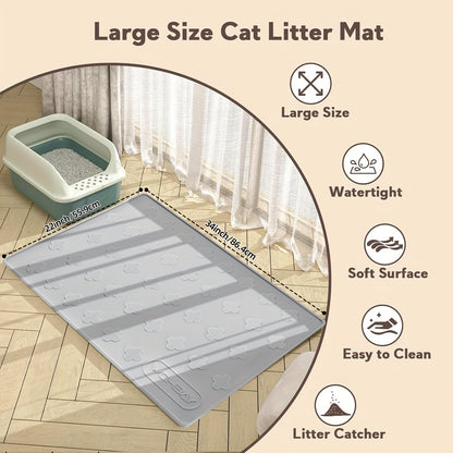 Cat Litter Mat XXL Silicone 34x22 Inch – 3-in-1 Waterproof Non-Slip Litter Trapping Mat with Raised Edges Easy Clean Foldable Pet Feeding