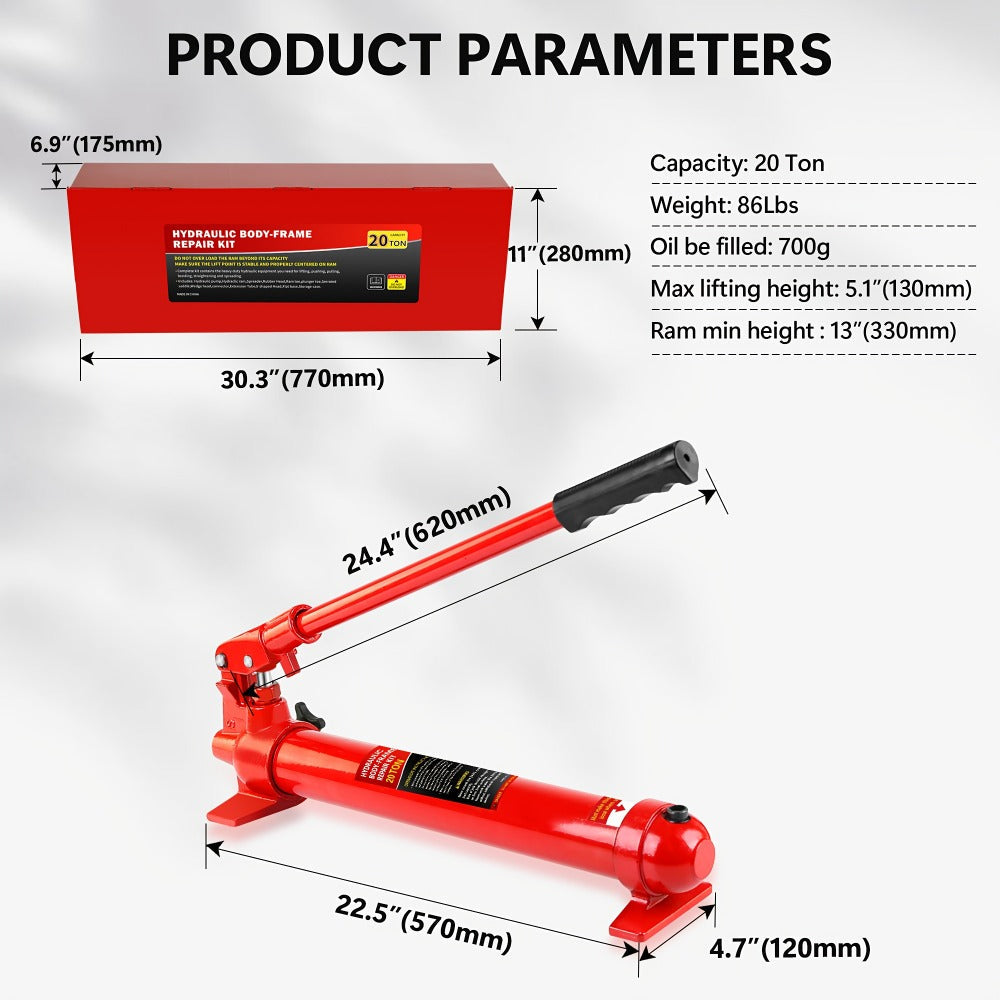 Porta Power Hydraulic Jack Kit 4 / 10 / 20 Ton, High Carbon Steel Body Repair Ram Set for Pulling Pushing Lifting Bending Straightening