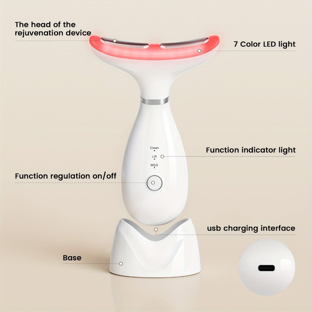 LED Neck Massager 7-Color Light Therapy Vibrating Face & Neck Device, USB Rechargeable Portable Electric Facial Massage Tool Beauty Gift