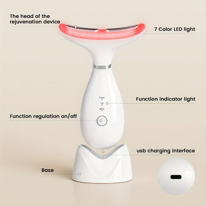 LED Neck Massager 7-Color Light Therapy Vibrating Face & Neck Device, USB Rechargeable Portable Electric Facial Massage Tool Beauty Gift