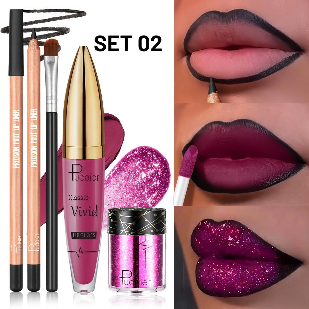 Four-Piece Glitter Lip Art Set with Loose Glitter Pot, Color Tube, Liner Pencil and Applicator Brush