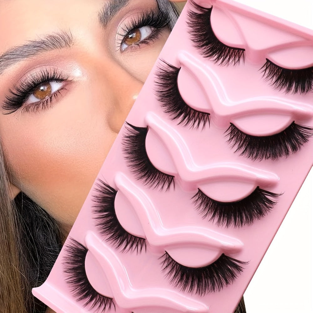 Wispy Cat-Eye False Eyelashes, 30-Piece Pack with Clear Bands in Stacked Pink Storage Trays