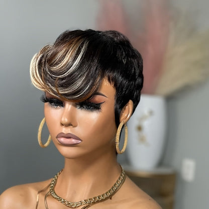 Synthetic Wig 4-Inch Layered Pixie with Bangs, Black-Blonde Look and Rose Net Cap for Daily Style
