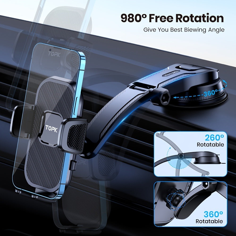 Dashboard Phone Mount with Adhesive Base, Adjustable Multi-Joint Arm and Black Spring-Grip Cradle