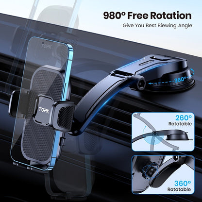Dashboard Phone Mount with Adhesive Base, Adjustable Multi-Joint Arm and Black Spring-Grip Cradle