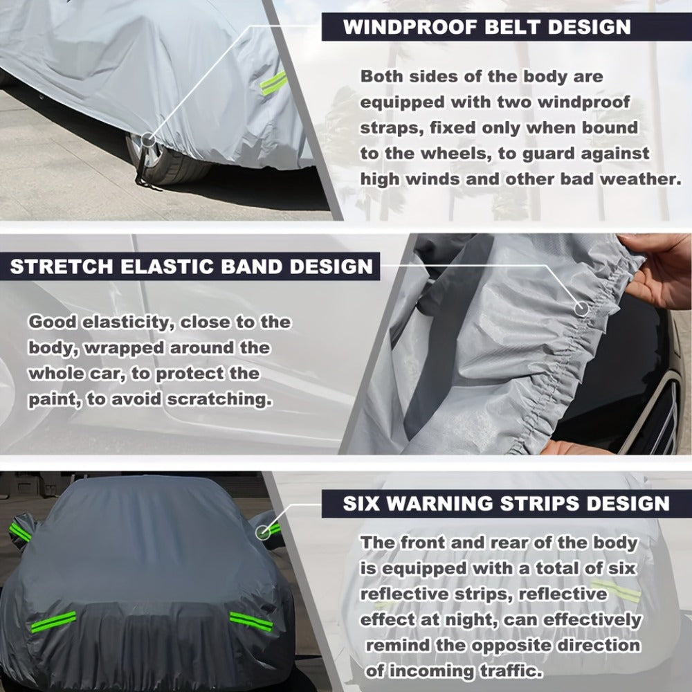 Silver 190T Full Car Cover with Reflective Tabs, Elastic Hem and XL or XXL Size Options for Sedans