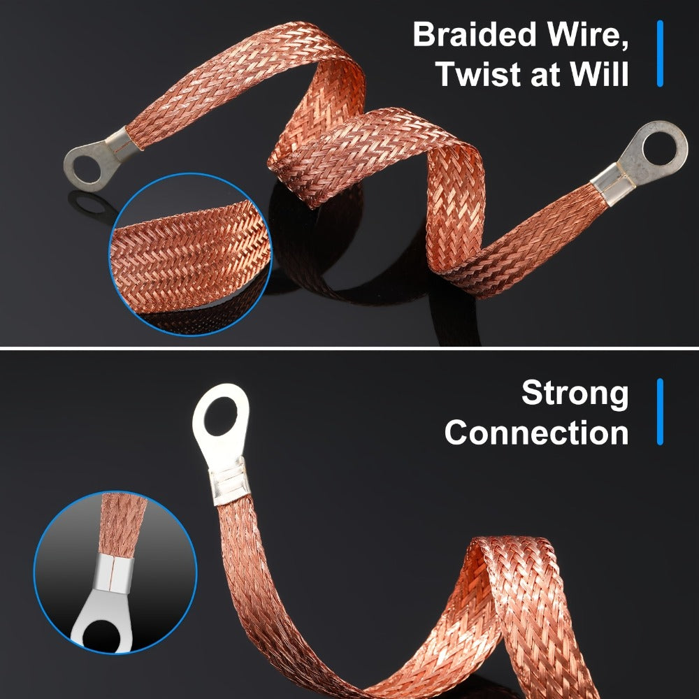 Engine Ground Strap Kit 12Pcs – 10/15/20 Inch Braided Copper Grounding Cable with Ring Terminals for Universal Car, Truck & SUV