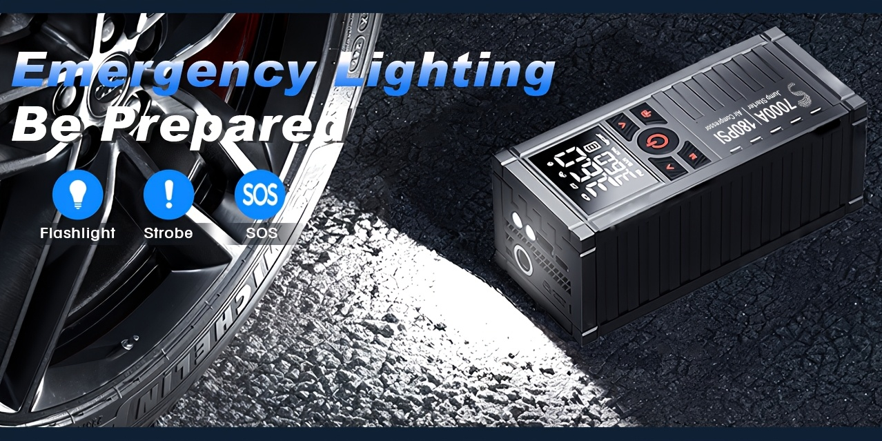 7000A Jump Starter 8-in-1 29800mAh with Air Compressor Tire Inflator SOS LED Flashlight Power Bank for Garden, Patio and Yard Use