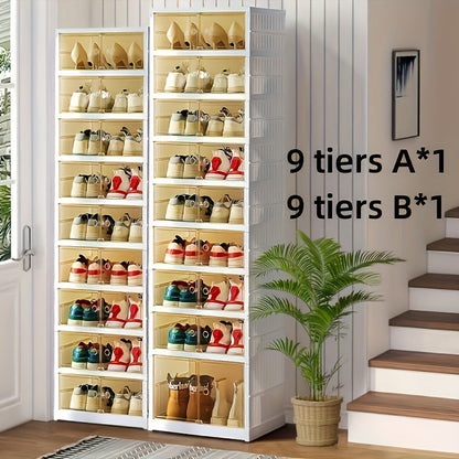 Shoe Rack Organizer 9-Tier, Collapsible Clear Plastic Foldable Stackable Shoe Cabinet with Shelves & Doors